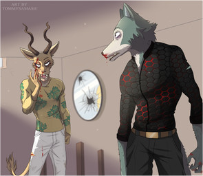 anthro belt black_clothing black_jacket black_topwear blood blood_splatter bodily_fluids broken_mirror bruised bruised_eye clothed clothing duo eye_contact eye_spots fur grey_body grey_fur hand_on_face jacket looking_at_another male mirror multicolored_body multicolored_fur nosebleed open_mouth pattern_clothing pattern_topwear scar scratch teeth topwear torn_clothing two_tone_body two_tone_fur white_body white_fur wounded tommysamash beastars legoshi_(beastars) melon_(beastars) antelope bovid canid canine canis felid gazelle hybrid leopard mammal pantherine wolf 2020 digital_media_(artwork) hi_res