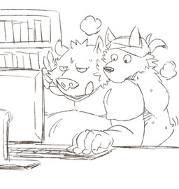 anthro belly clothing computer duo electronics humanoid_hands male overweight overweight_male shirt topwear ikaring canid canine mammal suid suine sus_(pig) wild_boar 2015