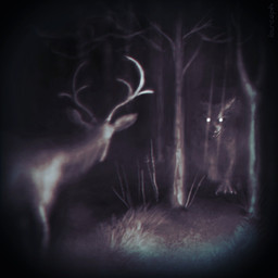 ambiguous_gender antlers branch claws creepy deer_ears duo eye_contact feral forest fur glowing glowing_eyes grass head_turned horn imminent_danger imminent_death looking_at_another night paws plant pointy_ears prick_ears quadruped standing text tree louceph canid canine canis deer mammal wolf 1:1 2018 artist_name digital_media_(artwork) digital_painting_(artwork) greyscale hi_res monochrome painting_(artwork)