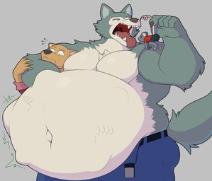 abdominal_bulge anthro belly belt big_belly blush brown_body brown_fur chokehold clothed clothing fangs fully_clothed fur grey_body grey_fur group headlock huge_belly imminent_oral_vore imminent_vore lifted lifted_by_tail male moobs motion_lines musclegut muscular navel nervous open_belt open_mouth outie_navel overweight scar sharp_teeth simple_background size_difference smile soft_vore standing tail teeth tongue topless trio uvula vore white_body white_fur willing_prey hidi beastars legoshi_(beastars) canid canine canis mammal mouse murid murine rodent wolf 2026 absurd_res hi_res