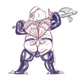 anthro armwear axe battle_axe bulge butt clothing costume feather_tuft feathers feet folded_wings g-string head_tuft latex latex_armwear latex_clothing latex_legwear legwear looking_at_viewer looking_back looking_back_at_viewer male overweight overweight_male purple_latex reverse_bunny_costume solo standing tail tail_feathers talon_hands talons toes tuft underwear wave wings undergreysnest dungeons_and_dragons hasbro wizards_of_the_coast barbertos_troulasorn_(undergreysnest) avian bird great_horned_owl horned_owl owl owlin true_owl colored dated signature sketch