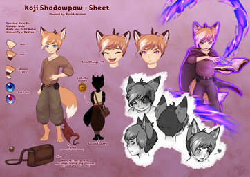 blue_eyes book expressions fox_ears magic male solo tail text rukifox koji_shadowpaw_(rukifox) animal_humanoid canid canid_humanoid canine canine_humanoid fox_humanoid humanoid kirin'ku_species mammal mammal_humanoid english_text model_sheet url