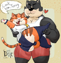 anthro bell big_muscles blue_clothing bottomwear breeches bridal_carry carrying_another clothing collar dialogue duo father-in-law heart_symbol holding_another looking_at_viewer male male/male muscular obese overweight red_clothing shirt simple_background smile son-in-law speech_bubble tank_top text topwear underwear white_clothing ugly-rat15508 jess_(ugly-rat15508) raymond_(ugly-rat15508) canid canine canis domestic_cat domestic_dog felid feline felis mammal digital_media_(artwork) english_text hi_res incest_(lore)