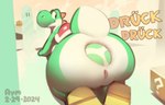 2024 anal anal_oviposition anal_penetration anthro aymbord big_butt biped butt countershade_tail countershading egg egg_from_ass female genitals green_body green_yoshi mario_bros nintendo oviposition penetration pussy rear_view scalie solo tail text translation_check translation_request yoshi