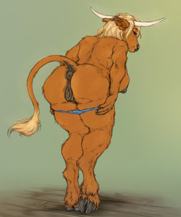 anatomically_correct anatomically_correct_genitalia anatomically_correct_vulva animal_genitalia animal_vulva anthro anus bent_over big_breasts blonde_hair bovine_genitalia bovine_vulva breasts brown_body brown_fur butt clothed clothing cloven_hooves dock_(anatomy) female fingers fur genitals hair hooved_fingers hooves horn panties panties_down partially_clothed presenting presenting_hindquarters puffy_anus rear_view simple_background solo tail tail_tuft tuft underwear underwear_down undressing vulva scarlanya bovid bovine cattle mammal absurd_res hi_res