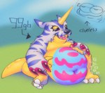 ambiguous_gender animal_skin anthro belly_overhang duo half-closed_eyes horn moobs narrowed_eyes navel obese on_grass overweight red_eyes rumbling_stomach scales sitting solo solo_focus yellow_body yellow_scales squeamsel bandai_namco digimon digimon_(species) gabumon hi_res