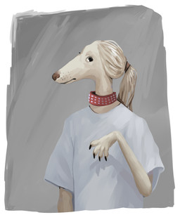 4_fingers anthro anthrofied black_claws black_eyes border brown_nose claws clothed clothing collar female fingers fully_clothed fur grey_background hair long_hair long_snout looking_at_viewer ponytail red_collar shirt simple_background snout solo standing studded_collar studs three-quarter_view topwear white_body white_border white_clothing white_fur white_shirt white_topwear glitter_trap_boy witchpuppy canid canine canis domestic_dog hunting_dog mammal saluki sighthound 2018 digital_media_(artwork) half-length_portrait hi_res meme portrait