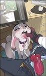 animal_genitalia animal_penis anthro bodily_fluids breasts canine_genitalia canine_penis chain collar cum cum_on_face dominant dominant_male duo erection faceless_character faceless_male female fur genital_fluids genitals grey_body grey_fur kneeling knot knotted_penis male nipples penis pink_nipples purple_eyes sitting submissive submissive_female amadose disney zootopia judy_hopps owen_(amadose) canid canine fox lagomorph leporid mammal rabbit absurd_res hi_res