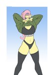 anthro black_bottomwear black_clothing black_pants blue_eyes blush bottomwear clothed clothing clothing_lift female footwear green_clothing green_hoodie green_topwear hair hoodie hoodie_lift legwear panties pants pink_hair socks solo thigh_highs topwear underwear yellow_body kirasunnight friendship_is_magic hasbro my_little_pony fluttershy_(mlp) equid equine mammal absurd_res hi_res