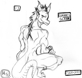 ankle_bands anthro athletic athletic_female back_muscles claws crouching eyelashes female hair horn long_ears long_hair mohawk muscular muscular_female nails nude pupils scales simple_background slit_pupils snout solo spiky_hair spots tail toe_claws white_background wristband harpseal mythology glannis_(harpseal) dragon mythological_creature mythological_scalie scalie 2017 hi_res monochrome