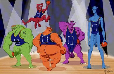 ball balls basketball_(ball) biceps blue_body blue_skin butt clothing genitals green_body green_skin jersey male markings muscular muscular_humanoid muscular_male penis pointy_ears purple_body purple_skin red_body red_skin shirt spots spotted_body spotted_skin topwear refractionxiii space_jam warner_brothers bang_(space_jam) bupkus_(space_jam) nawt_(space_jam) pound_(space_jam) alien humanoid monstar_(space_jam) hi_res