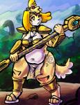 2018 animal_crossing anthro belly bottomwear breasts canid canine canis clothed clothing cosplay digital_media_(artwork) domestic_dog female fur hair isabelle_(animal_crossing) krystal_(star_fox) loincloth mammal mrease navel nintendo shih_tzu short_stack slightly_chubby solo star_fox thick_thighs toy_dog yellow_body yellow_fur