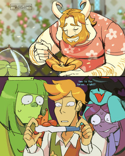 2_panel_comic accessory ambiguous_gender anthro arm_hair beard biped black_hair blonde_beard blonde_facial_hair blonde_hair bodily_fluids body_hair boxing_gloves brush carrying_another closed_smile clothed clothing cute_fangs dialogue eyes_closed facial_hair fangs female flower fur green_body green_hair green_skin group hair hair_over_eyes handwear headband holding_brush holding_object humor impregnation male male_anthro male_human male_impregnation mouth_closed oblivious on_head orange_body orange_fur plant pollination pregnancy_test purple_body purple_hair purple_skin question_mark screencap screencap_background shocked size_difference smile sweat sweatdrop talking_to_another teal_body teal_skin teeth text white_body white_fur wide_eyed yellow_body yellow_skin homkamiro deltarune undertale_(series) aqua_(deltarune) asgore_dreemurr flowery_(deltarune) green_(deltarune) orange_(deltarune) seth_(deltarune) boss_monster_(undertale) bovid caprine elemental_creature flora_fauna flower_creature goat human mammal mouse murid murine rodent seven_flowers 2026 4:5 artist_name comic digital_drawing_(artwork) digital_media_(artwork) english_description english_text hi_res watermark