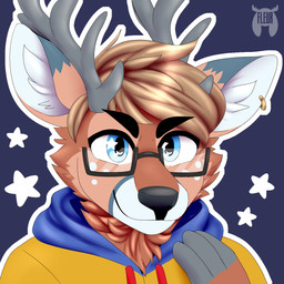 anthro antlers black_nose blue_clothing blue_ears blue_eyes blue_hoodie blue_topwear brown_body brown_ears brown_fur brown_hair cheek_tuft clothed clothing ear_piercing ear_ring eyewear facial_tuft fluffy fur glasses grey_body grey_fur hair hoodie horn inner_ear_fluff male monotone_hair multicolored_body multicolored_fur neck_tuft orange_ears piercing pince-nez ring_piercing topwear tuft white_body white_fur yellow_clothing yellow_hoodie yellow_topwear fleurfurr lee_(lee) deer mammal 1:1 2019 character_request headshot_portrait hi_res icon portrait watermark