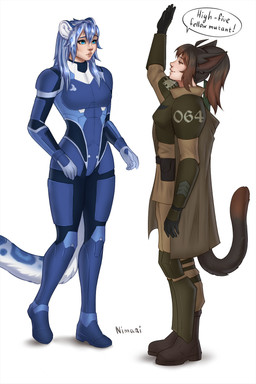 armor blue_body blue_eyes blue_fur blue_hair blue_spots breasts brown_body brown_fur brown_hair clothed clothing confusion duo female fur gesture hair highlights_(coloring) inner_ear_fluff leopard_spots looking_at_another open_mouth orange_eyes ponytail raised_hand simple_background smile spacesuit speech_bubble spots standing tail tuft white_body white_fur nimari microsoft the_elder_scrolls warhammer_(franchise) warhammer_40000 m'ria_(maks_hunt) animal_humanoid felid felid_humanoid feline feline_humanoid felinid humanoid khajiit mammal mammal_humanoid pantherine snow_leopard 2026 digital_drawing_(artwork) digital_media_(artwork) hi_res signature story_at_source