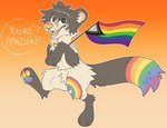 ambiguous_gender anthro compliment dialogue digitigrade flag flag_(object) fur grey_body grey_fur grey_hair grey_outline grey_text hair holding_flag holding_object lgbt_pride multicolored_pawpads nude open_mouth open_smile orange_background outline pawpads paws pink_inner_ear pink_tongue pride_color_flag pride_colors progress_pride_colors rainbow_nose rainbow_pawpads semi-anthro simple_background smile snout solo speech_bubble striped_nose striped_pawpads stripes surgical_suture talking_to_viewer teeth text tongue walking whisker_spots jaspering lgbt_pride_month pride_duskky canid canine duskky mammal patchwork_creature 2021 digital_drawing_(artwork) digital_media_(artwork) english_text flat_colors full-length_portrait handwritten_text portrait