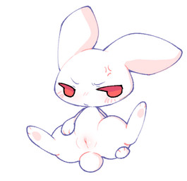 anthro blue_outline blush chibi cross-popping_vein embarrassed feet female fur furrowed_eyebrows genitals hand_on_leg hindpaw looking_aside outline paws presenting presenting_vulva red_eyes scut_tail semi-anthro short_tail solo spread_legs spreading tail vulva white_body white_fur kirichiiii lagomorph leporid mammal rabbit 2026 digital_drawing_(artwork) digital_media_(artwork) shaded simple_shading