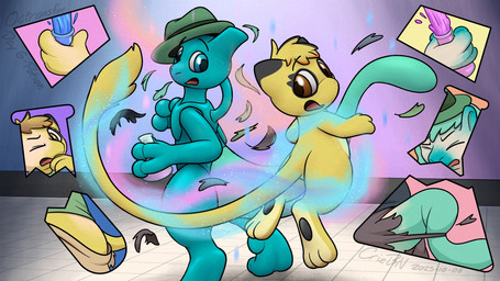 after_transformation ambiguous_gender blue_liquid chemicals clothing dipstick_ears duo ear_markings eyebrows eyes_closed feral flask growth hat head_tuft headgear headwear inside looking_back multicolored_ears pawpads pink_liquid spilled_liquid tail tail_growth torn_clothing transformation transformation_through_magic tuft turquoise_body yellow_body crizbn nintendo pokemon electuroo_(electuro) generation_1_pokemon human legendary_pokemon mammal mew_(pokemon) mewtwo pokemon_(species) 2025 hi_res