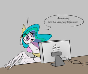 blush collar computer computer_monitor crown electronics feathered_wings feathers female feral hair headgear horn inside multicolored_hair open_mouth shocked simple_background solo speech_bubble text tiara wings anonymous_artist 4chan friendship_is_magic hasbro my_little_pony mythology princess_celestia_(mlp) equid equine mammal mythological_creature mythological_equine winged_unicorn 2017 digital_media_(artwork) hi_res