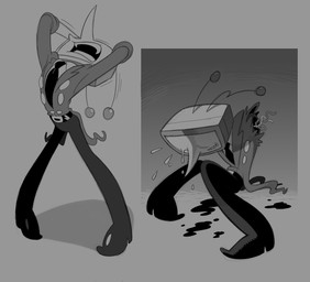 belt blood bodily_fluids bottomwear clothed clothing electronics for_a_head male not_furry screen screen_face simple_background solo television toony roachgore deltarune undertale_(series) tenna_(deltarune) darkner humanoid object_head screen_head tv_head digital_media_(artwork) monochrome