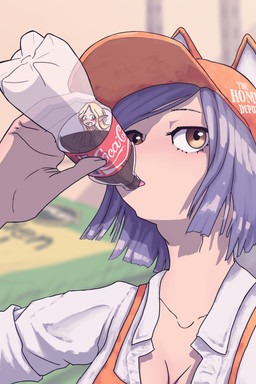 apron beverage beverage_bottle blonde_hair blurred_background bottle brown_eyes cat_ear_headwear clothing container drinking duo extreme_size_difference female female/female green_eyes hair hat headgear headwear humanoid_pointy_ears micro mulch oral_vore orange_apron orange_clothing orange_hat orange_headwear outside pointy_ears purple_hair size_difference soda soda_bottle vore swetzverelend coca-cola the_home_depot elf human humanoid mammal 2:3 absurd_res hi_res