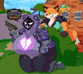 anthro big_breasts black_body black_fur breasts cheek_tuft clothed clothing dipstick_tail duo empty_eyes eye_scar facial_scar facial_tuft female fur gun holding_gun holding_object holding_ranged_weapon holding_weapon huge_breasts inner_ear_fluff kneeling male markings oblivious orange_body orange_fur purple_hood ranged_weapon scar shadow_face sharp_teeth smile spikes tail tail_markings teeth text thick_thighs thought_bubble tuft weapon white_body white_eyes white_fur wide_hips yellow_eyes thepinkjay5 cd-i epic_games fortnite hotel_mario mario_bros nintendo philips_(company) bowser fennix_(fortnite) raven_team_leader bear canid canine fox mammal red_fox true_fox absurd_res hi_res meme