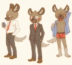 anthro blush bottomless boxer_briefs cellphone clothed clothing collared_shirt electronics male multiple_angles necktie phone shirt solo suit topwear underwear white_clothing white_shirt white_topwear torte aggretsuko sanrio haida_(aggretsuko) hyena mammal spotted_hyena hi_res