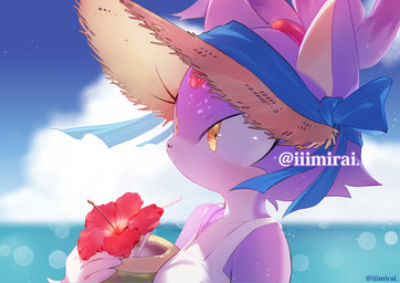 anthro beach bendy_straw beverage blurred_background blush clothing coconut coconut_drink drinking_straw drupe_(fruit) female flower food forehead_gem fruit fur gem hair hat headgear headwear light multicolored_body multicolored_fur outside plant purple_body purple_fur purple_hair seaside solo straw_hat two_tone_body two_tone_fur visor visor_cap yellow_eyes iiimirai sega sonic_the_hedgehog_(series) blaze_the_cat domestic_cat felid feline felis mammal lighting