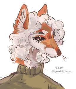 ambiguous_gender anthro brown_eyes brush clothing eyelashes fur green_clothing hair multicolored_body red_body solo text wavy_hair white_body white_eyelashes white_fur white_hair drunkmagpie nameless_character canid canine fox mammal hi_res painting_(artwork) url