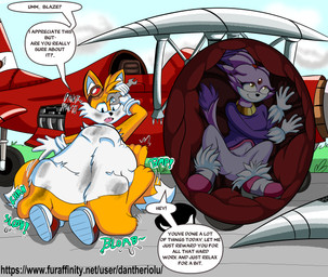 abdominal_bulge anthro clothed clothing dialogue duo female female_prey imprint internal male male/female male_pred rumbling_stomach text tornado_(aircraft) vore willing_prey x-ray_view dantheriolu sega sonic_the_hedgehog_(series) blaze_the_cat miles_prower canid canine domestic_cat felid feline felis fox mammal 2023 absurd_res colored english_text hi_res url