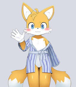 2_tails 5_fingers anthro bathrobe blue_eyes blush clothed clothing dipstick_tail featureless_crotch fingers fur gloves handwear male markings multi_tail off_shoulder robe solo tail tail_markings white_body white_clothing white_fur white_gloves white_handwear white_inner_ear white_tail young young_anthro sum sega sonic_the_hedgehog_(series) miles_prower canid canine fox mammal absurd_res hi_res
