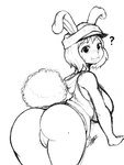 anthro bodily_fluids bottomless clothed clothing female hat headgear headwear hoodie looking_at_viewer looking_back open_mouth question_mark shirt smile smiling_at_viewer solo sweat topwear starykrow one_piece carrot_(one_piece) lagomorph leporid mammal minkmen_(one_piece) rabbit 3:4 absurd_res hi_res monochrome