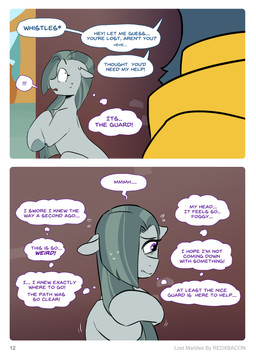 armor bodily_fluids dialogue duo exclamation_point female feral fidgeting grey_body grey_hair hair male sweat sweatdrop text thought_bubble redxbacon friendship_is_magic hasbro my_little_pony fan_character marble_pie_(mlp) pillow_talk_(redxbacon) earth_pony equid equine horse mammal pony absurd_res comic english_text hi_res