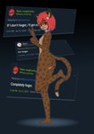 ambiguous_gender anthro collar dialogue_box fur gradient_background hair looking_at_viewer nude one_leg_up open_mouth raised_leg red_eyes red_hair simple_background smile solo standing text tweet yellow_sclera kawaoneechan twitter kawa felid felin mammal 2022 absurd_res digital_media_(artwork) english_text hi_res