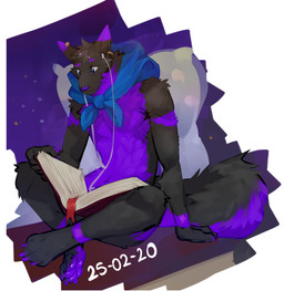 anthro black_body black_fur black_tail blue_eyes blue_kerchief blue_neckerchief book_on_lap claws earbuds electronics fur head_tuft headphones kerchief kerchief_only male mostly_nude mouth_closed neckerchief neckerchief_only neckwear purple_body purple_claws purple_fur purple_tail reading sitting solo tail tuft nozomyarts verne_nicolaio canid canine canis mammal wolf 2020 dated