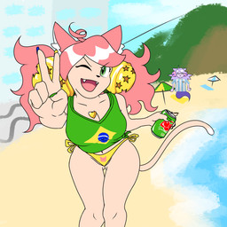 accessory argentina beach bell beverage bikini brazil brazilian_flag building clothing colored_nails duo fangs female floating fluffy_ears frown gesture green_clothing green_eyes hair hand_gesture heart_symbol hill holding_object jewelry looking_at_viewer markings nails navel necklace one_eye_closed open_mouth pink_ears pink_hair pose purple_hair sand smile smiling_at_viewer soccer_uniform soda sportswear star swimwear tail tail_markings teeth two-piece_swimsuit uniform v_sign water amissdazora deltarune guarana_antarctica undertale_(series) irritable_ghost_(deltarune) mad_mew_mew mew_mew_(undertale) pink_(deltarune) animal_humanoid cat_humanoid darkner felid felid_humanoid feline feline_humanoid ghost humanoid mammal mammal_humanoid spirit 1:1 absurd_res hi_res