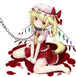 blood blush bodily_fluids bonnet clothed clothing collar crystal dog_tail female hair hat headgear headwear looking_at_viewer necktie ponytail red_eyes ribbons side_ponytail sitting solo spread_legs spreading wings young young_female young_humanoid tsukumizu_yuu touhou flandre_scarlet animal_humanoid canid canid_humanoid canine canine_humanoid canis dog_humanoid domestic_dog humanoid mammal mammal_humanoid vampire