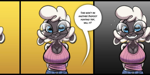 anthro big_breasts biped black_body black_skin blue_bottomwear blue_clothing blue_eyes bodily_fluids bottomwear breasts cleavage clothed clothed_anthro clothed_female clothing dialogue eyewear female female_anthro front_view glasses hair hands_behind_back horizontal_pupils looking_at_viewer looking_forward nervous nervous_smile open_mouth pink_clothing pink_topwear pupils simple_background solo standing sweat text topwear white_hair siroc abigail_(seolsaw) bovid caprine mammal sheep 2021 comic english_text half-length_portrait hi_res portrait