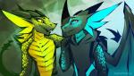 anthro blue_eyes clothed clothing duo horn male membrane_(anatomy) membranous_wings spines tail wings yellow_eyes neotheta mythology theo_(neotheta) dragon mythological_creature mythological_scalie scalie 2019 digital_media_(artwork)