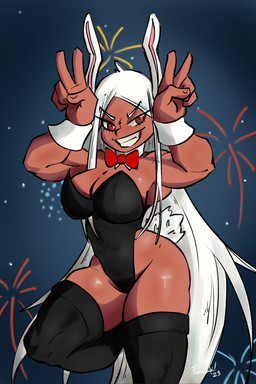 biceps big_breasts black_clothing black_legwear black_leotard black_thigh_highs bow_tie breasts brown_body brown_skin bunny_costume cleavage clothed clothed_female clothed_humanoid clothing costume cotton_tail dark_body dark_skin eyebrows eyelashes female female_humanoid fireworks gesture grin grinning_at_viewer hair hand_gesture legwear leotard long_hair muscular muscular_female muscular_humanoid on_one_leg pink_inner_ear pupils raised_arms red_bow_tie red_eyes shirt_collar shirt_cuffs short_tail smile smiling_at_viewer solo standing strapless_clothing strapless_leotard tail teeth thick_thighs thigh_highs white_ears white_eyebrows white_hair white_tail tomaruchi my_hero_academia rumi_usagiyama animal_humanoid humanoid lagomorph lagomorph_humanoid leporid_humanoid mammal mammal_humanoid rabbit_humanoid 2023 absurd_res dated hi_res signature