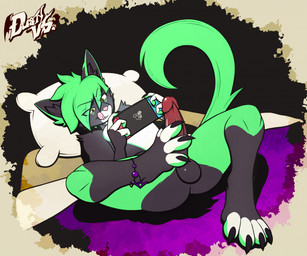 4_toes anklet anthro autofootjob balls bed black_body black_claws black_fur butt butt_from_the_front claws countershading erection facial_markings feet foot_fetish foot_play fur furniture gaming genitals gradient_penis green_body green_eyes green_fur green_hair green_markings green_pawpads green_tail hair hair_over_eye half-closed_eyes head_markings humanoid_genitalia humanoid_penis jewelry licking licking_lips lying male markings masturbation multicolored_body multicolored_ears multicolored_fur narrowed_eyes nude on_back on_bed pawpads penile penile_masturbation penis pillow pink_nose smile solo tail toes tongue tongue_out two_tone_body two_tone_fur white_body white_countershading white_toes dustythebat nintendo nintendo_switch aevyn domestic_cat felid feline felis mammal hi_res