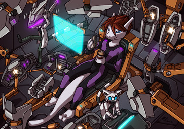 2_toes 3_fingers anthro armor beverage blue_eyes body_armor bottomwear brown_hair chair clothing coat computer detailed_background electronics eyelashes feet female fingers food furniture futuristic green_bottomwear green_clothing green_pants group hair holding_beverage holding_food holding_object holographic_screen inside jumpsuit lab_coat machine male pants power_armor repair robotic_arm sandwich_(food) science_fiction short_hair sitting toes topwear trio white_body workshop kitfox-crimson in_our_shadow nintendo pokemon nick_(mercenaryx) generation_1_pokemon legendary_pokemon lemur mammal mewtwo pokemon_(species) primate strepsirrhine hi_res