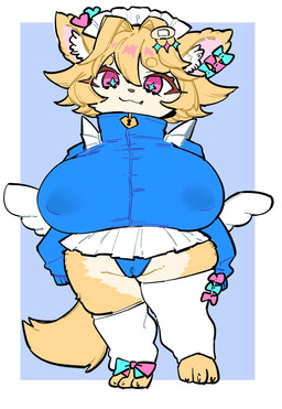 anthro big_breasts blonde_hair blush breasts camel_toe chibi clothing curvy_figure fangs female hair huge_breasts inner_ear_fluff jacket jumping legwear long_sleeves nipple_outline pink_eyes solo spiky_hair spread_legs spreading tail teeth thick_thighs thigh_highs topwear tuft white_clothing white_legwear white_thigh_highs wide_hips havilaladlf felid feline mammal hi_res