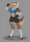 abs anthro arm_wraps athletic_wear bandage blonde_hair blue_eyes bottomwear bra broad_shoulders brown_body brown_fur clothing digitigrade exercise feet female flexing flexing_bicep fluffy fluffy_tail foot_wraps fur gloves gym_bottomwear gym_shorts hair hand_wraps handwear leg_wraps muscular muscular_anthro muscular_arms muscular_female muscular_thighs ponytail shorts simple_background solo sports_bra tail tan_body tan_fur thick_thighs tight_bottomwear tight_clothing tight_shorts tight_topwear topwear underwear workout workout_clothing workout_outfit wraps wmdiscovery93 elnora_karkhov canid canine canis mammal wolf hi_res