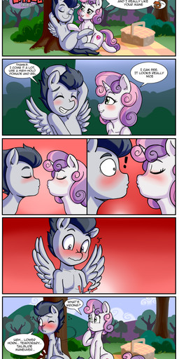 animal_genitalia animal_penis blush dialogue duo equine_genitalia equine_penis erection exclamation_point eyebrows eyelashes eyes_closed female genitals grin horn male outside penis picnic semi-anthro smile speech_bubble text unwanted_erection wings young anibaruthecat friendship_is_magic hasbro my_little_pony mythology rumble_(mlp) sweetie_belle_(mlp) equid equine horse mammal mythological_creature mythological_equine pegasus pony unicorn 2026 absurd_res artist_name comic digital_media_(artwork) english_text hi_res