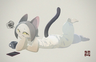 anthro barefoot black_tail clothed clothing container cup ears_up electronics feet female fur looking_aside lying mug on_front phone pink_inner_ear raised_leg simple_background solo tail white_body white_clothing white_fur yellow_eyes fu_go_fu_go felid feline felis mammal hi_res
