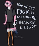 angry anthro bottomwear chicken_legs clothed clothing coontail_hair ear_tails full_body_view fully_clothed grey_markings hair humor legwear male markings pink_body pink_hair shorts simple_coloring solo spots text thigh_highs cringecorecat kai_(cringecorecat) avian bird chicken domestic_cat felid feline felis galliform gallus_(genus) mammal phasianid english_text full-length_portrait hi_res portrait sketch