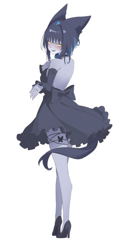 anthro blue_body blue_hair blush breasts choker clothed clothing dress female female_anthro hair jewelry necklace solo yellow_eyes sani_yang's_laboratory namo_(sani_yang's_laboratory) canid canine canis domestic_cat domestic_dog felid feline felis hybrid mammal 135:256 4k absurd_res hi_res