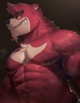 abs anthro armpit_hair black_nipples bodily_fluids body_hair facial_hair fangs goatee grin looking_sideways male muscular muscular_arms muscular_male mustache nipples pecs pompadour shirtless shirtless_male smile solo sweat teeth huzzhuz the_boy_and_the_beast kumatetsu bear mammal hi_res