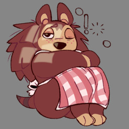 anthro apron apron_only big_nose black_nose brown_body brown_fur brown_hair brown_quills bubble butt clothing exclamation_point eyebrows female freckled_face freckles fur grey_background hair half-closed_eyes leg_markings markings narrowed_eyes one_eye_closed pattern_apron pattern_clothing pink_apron pink_clothing pink_inner_ear plaid plaid_apron plaid_clothing quill_hair simple_background sitting small_tail socks_(marking) solo striped_markings striped_tail stripes tail tail_markings tan_face waking_up sableablesimp animal_crossing nintendo sable_able eulipotyphlan hedgehog mammal 1:1 2025 digital_drawing_(artwork) digital_media_(artwork) hi_res